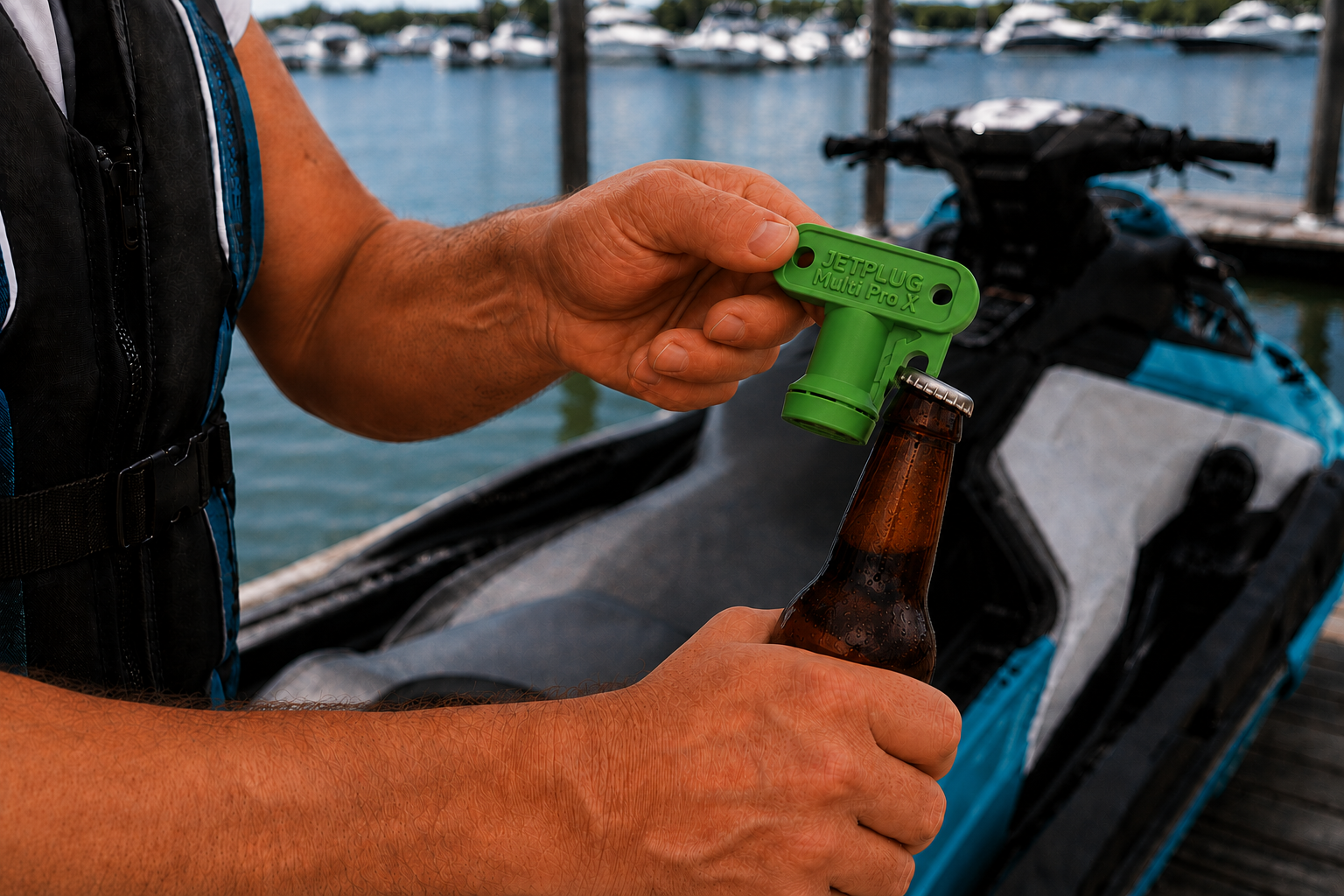 Piloto utilizando el abridor de Jetplug Multi Pro X para abrir una botella de cerveza