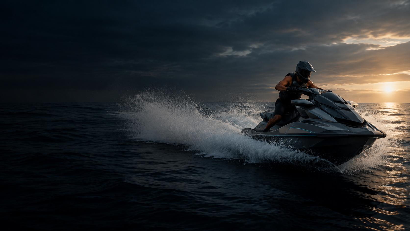 Piloto de moto de agua navegando al amanecer